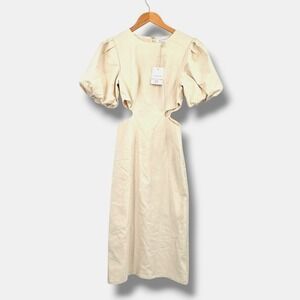 New Moodie Cut Out Midi‎ Dress Puff Sleeve Party Cocktail Dress Small Cream